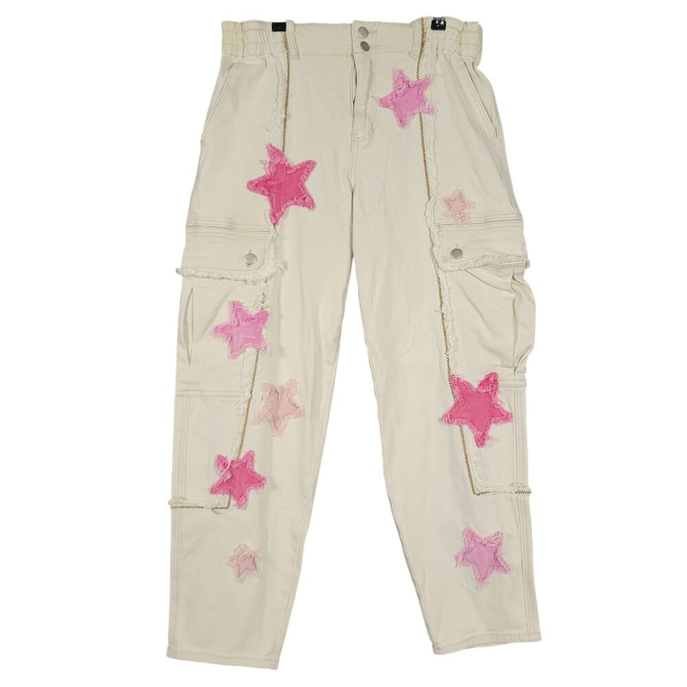 Oli & Hali Cream Pink Applique Patch Stars Cargo Denim Jeans MB2446 SIZE LARGE